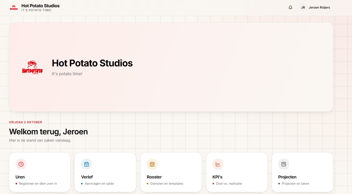 Bedrijfsdashboard van Hotpotato Studios met uren, verlof, rooster, KPI's en voorraad
